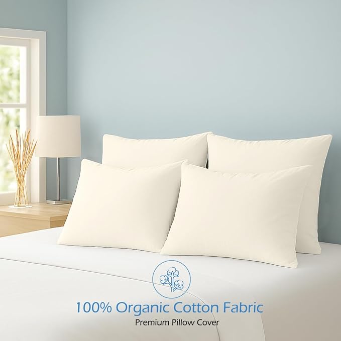 Comfort Beddings Standard Pillowcases Set of 4 – 100% Organic Cotton, 600 Thread Count Sateen, Soft & Comfy Pillow Covers with Envelope Closure, Ivory, Standard Size 20 x 26 Inches
