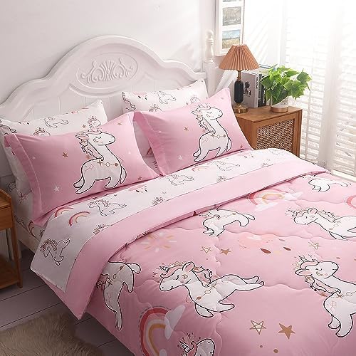 Wajade Kids Pink Unicorn Comforter Set Bed in A Bag Full Size 7 Piece Cute Unicorn Rainbow Clouds Bedding Set for Girls (1 Comforter, 1 Flat Sheet, 1 Fitted Sheet, 2 Pillowcase and 2 Pillow Sham)