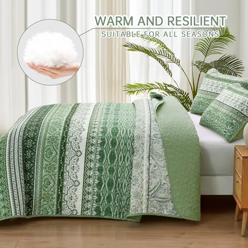 WONGS BEDDING Boho Queen Quilt Bedding Set, 3 Pieces Bedspread, Light Green