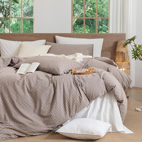 MooMee Gingham Duvet Cover Set 100% Washed Cotton Linen Like