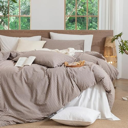 MooMee Gingham Duvet Cover Set 100% Washed Cotton Linen Like