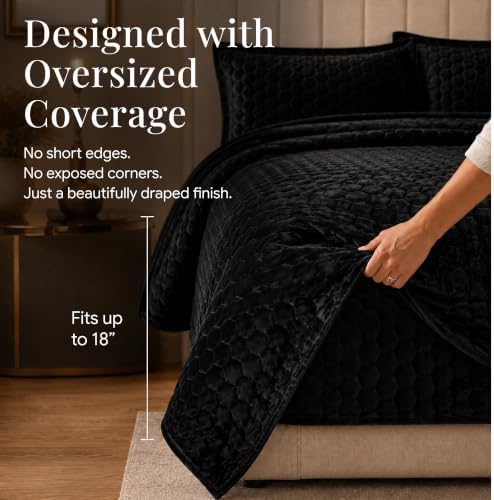 Tribeca Living Lugano Oversized Velvet Quilt Set - All Season, Extra Large, 3 Piece King Size Comforter Set with 2 Pillow Shams in Black Honeycomb Pattern 260GSM