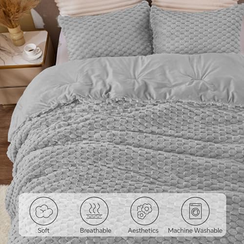 BEDELITE Fluffy Queen Comforter Set, Light Grey Fleece Bed Set 3 Pieces