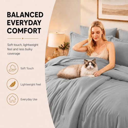 CozyLux King Size Comforter Set Light Grey, 7 Pieces Bed in a Bag