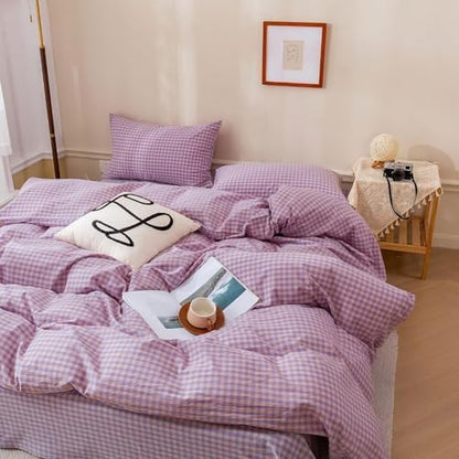 mixinni Purple Gingham Grid Duvet Cover Full, 100% Washed Cotton Modern Geometric Bedding Set with 2 Pillowcases, Farmhouse Style Yellow Plaid Comforter Cover Set for Men & Women, Soft & Lightweight