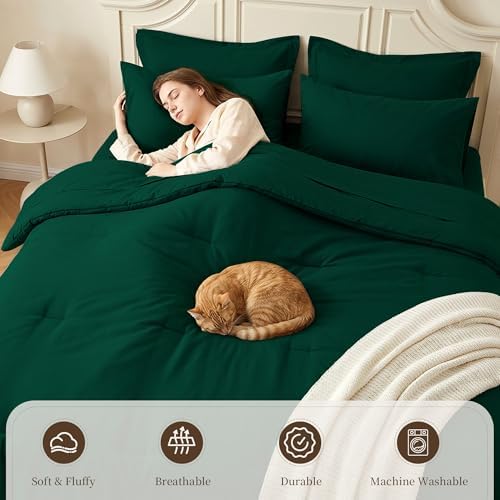 Queen Comforter Set 7 Piece with Lightweight Comforter, Dark Green