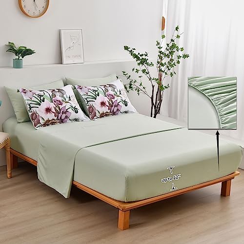 Luxudecor Floral Comforter Set Full Size 7 Piece, Green Flower Bed in a Bag, Elegant Floral Comforter with Sheet Set, Soft Microfiber Bedding Set for All Season (Green, 80"x90")