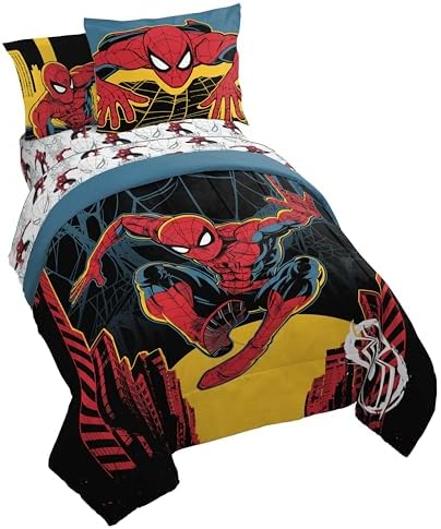 Jay Franco Kids Comforter Set Includes Sheets and Pillow Covers - Soft and Cozy Bed Set for Stylish Room Decor, Official Licensed Bedding, Black - Spiderman, 5 Piece Twin