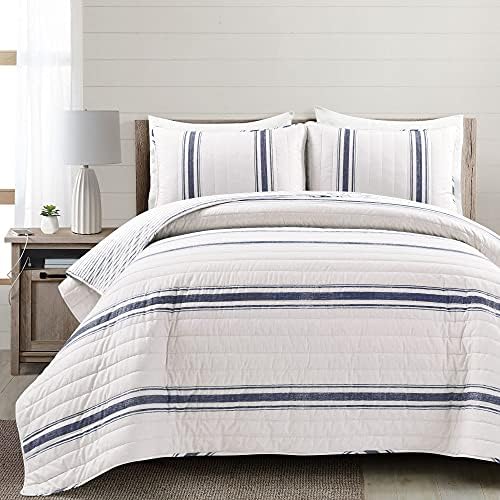 Lush Decor Farmhouse Stripe Reversible Cotton Quilt King Size 3 Piece Set Navy - Farmhouse Bedding Set King Quilt - Striped Bedding