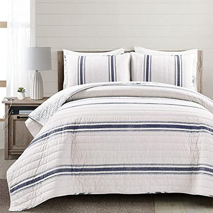 Lush Decor Farmhouse Stripe Reversible Cotton Quilt King Size 3 Piece Set Navy - Farmhouse Bedding Set King Quilt - Striped Bedding
