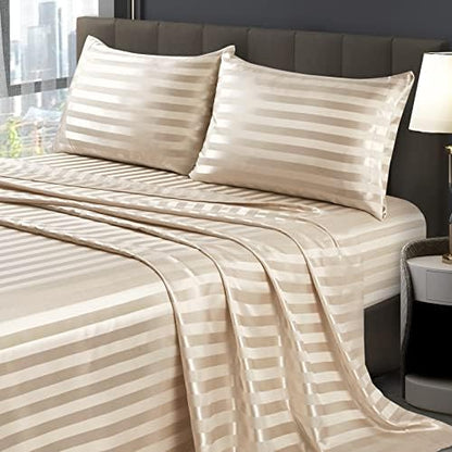 SiinvdaBZX 4Pcs Satin Striped Sheet Full Size Set Italian Style, Beige