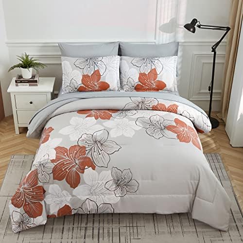 Terracotta Comforter Set Queen, 7 Pieces Floral on Grey Bedding Set