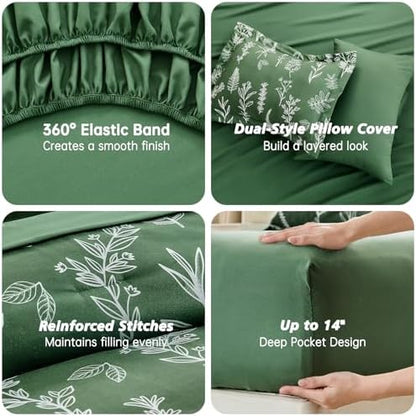 MUXHOMO Dark Green TwinXL Comforter Set, Elegant Floral Print Bed in a Bag 5 Pieces, Ultra Soft & Breathable Reversible Botanical Pattern Bedding Set with Comforter, Sheets, Pillowcase, and Sham