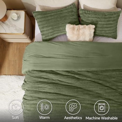 BEDELITE Faux Fur King Size Comforter Set, Fluffy Bed Set, Olive Green