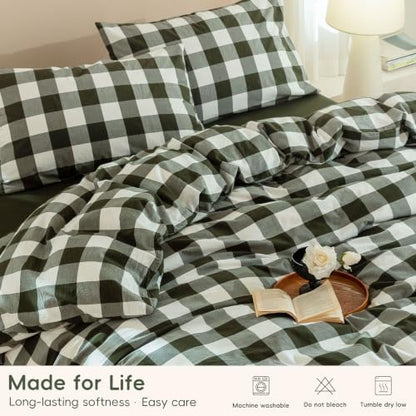 JIYUAN Queen Washed Cotton Duvet Cover Set, 3-Piece, Buffalo Check