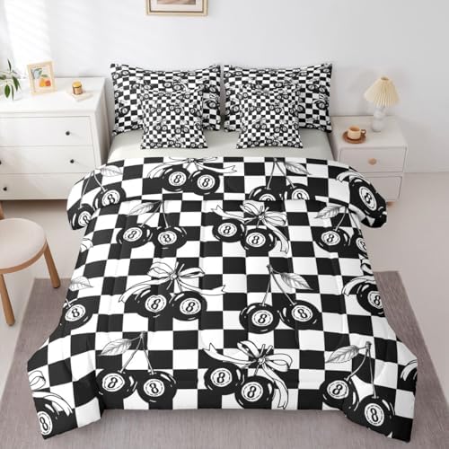 Erosebridal Black and White Checkered 7 Piece Bedding Set Twin Y2K Lucky 8 Ball Comforter Set for Kids Boys Girls,Fashion Coquette Cherry Bow Bed in A Bag with Sheets Trendy Aesthetic Preppy Bed Set