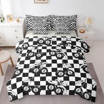 Erosebridal Black and White Checkered 7 Piece Bedding Set Twin Y2K Lucky 8 Ball Comforter Set for Kids Boys Girls,Fashion Coquette Cherry Bow Bed in A Bag with Sheets Trendy Aesthetic Preppy Bed Set