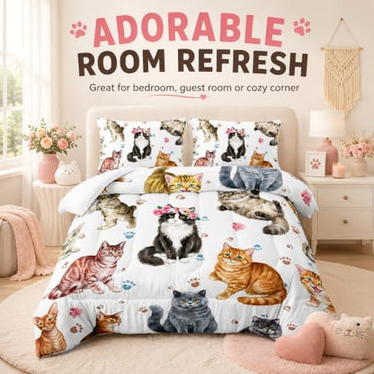 AILONEN Watercolor Cat Print Bedding Set Twin Size with Cats and Footprints Comforter Set for Boys Girls,Group of Cute Cats Soft Breathable White Tint Duvet Set 3 Pieces, 1 Quilt and 2 Pillowcases