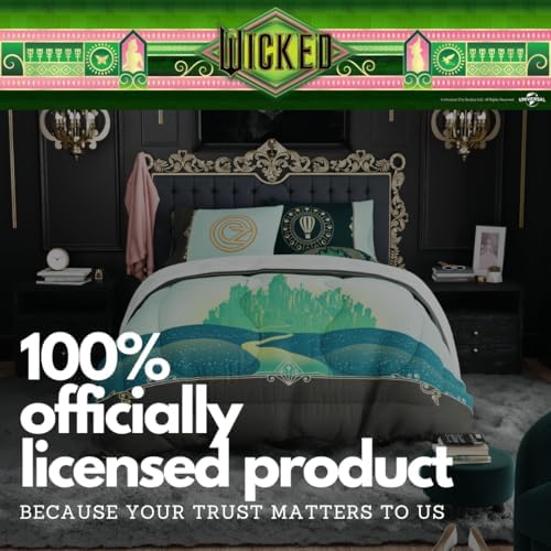 Collectibles Wicked Elphaba and Glinda Bedding 5 Piece Super Soft Reversible Comforter and Sheet Set, Queen, (Officially Licensed Product) By Franco