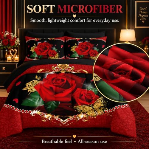AILONEN 3D Oil Painting Red Rose Comforter Set Twin Size,7-Piece 3D Rose and Butterfly Pattern Bed in a Bag,Comforter & Fitted Sheet with Flat Sheet & 2 Pillowcases,2 Pillow Cases for Bedroom
