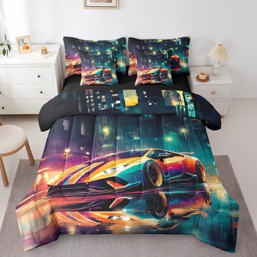 Racing Sports Car 7 Pieces Bedding Set Queen Size,Cool Speed Car Bed in a Bag,Extreme Sport Games Bed Set Includes Comforter,Sheet Set,Pillowcases & Pillow Covers,City Night Scene Bedroom Decor