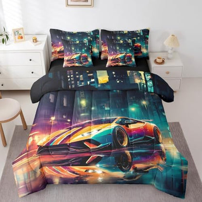 Racing Sports Car 7 Pieces Bedding Set Queen Size,Cool Speed Car Bed in a Bag,Extreme Sport Games Bed Set Includes Comforter,Sheet Set,Pillowcases & Pillow Covers,City Night Scene Bedroom Decor