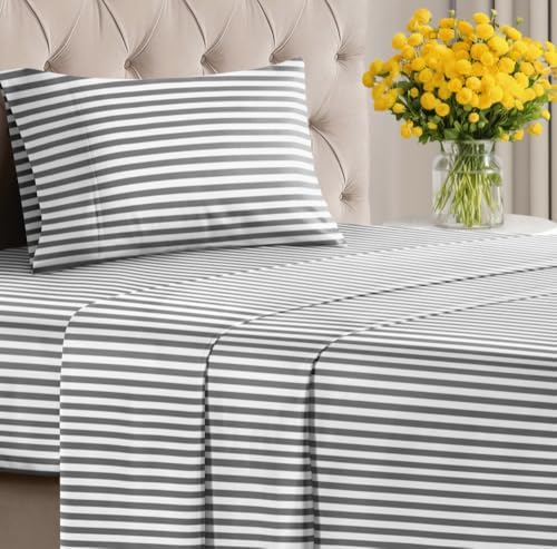 Twin XL 3 Piece Striped Sheet Set - Breathable & Cooling - Black Pinstripe