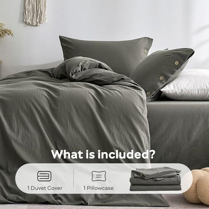 JELLYMONI 100% Washed Cotton Dark Grey Duvet Cover Twin, Linen-Like