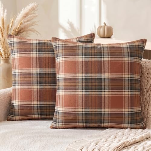 AVOIN colorlife Fall Caramel Brown Plaid Decorative Throw Pillow Covers, 16 x 16 Inch Holiday Scottish Tartan Cushion Case Farmhouse Decoration for Sofa Couch Set of 2