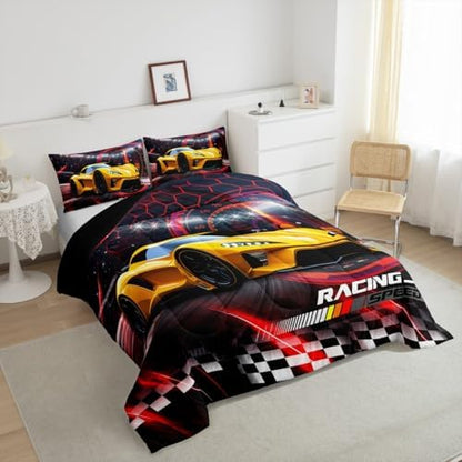 Toddler Race Car Bed for Boys,Red Black Honeycomb Toddler Size Bedding Set Racing Speed Sports Racing Car Comforter Set,Black And White Grid Buffalo Plaid Lattice Quilt Geometric Hexagon Room Decor