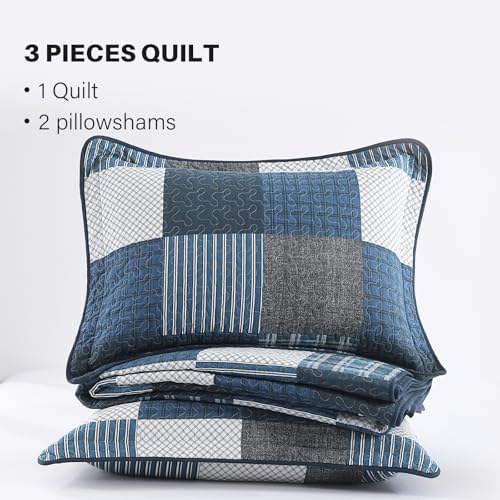 Quilta 100% Cotton Quilt Set, Navy/Black/White Plaid Bedspread Queen Size