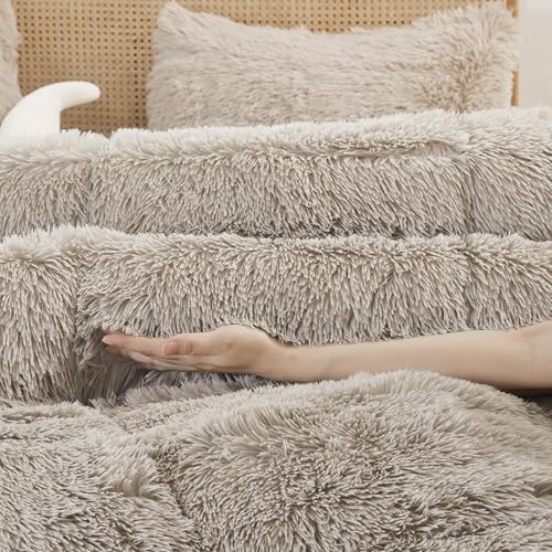Smoofy Fluffy Queen Comforter Set, Oatmeal Faux Fur Comforter Set 3 Pieces