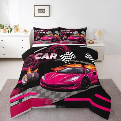 Feelyou Kids Rose Pink Race car Comforter Set King Size Speed Sports Car Bedding Set Boys Girls Automobile Racing Car Quilt Set Extreme Sports Theme Bed Set