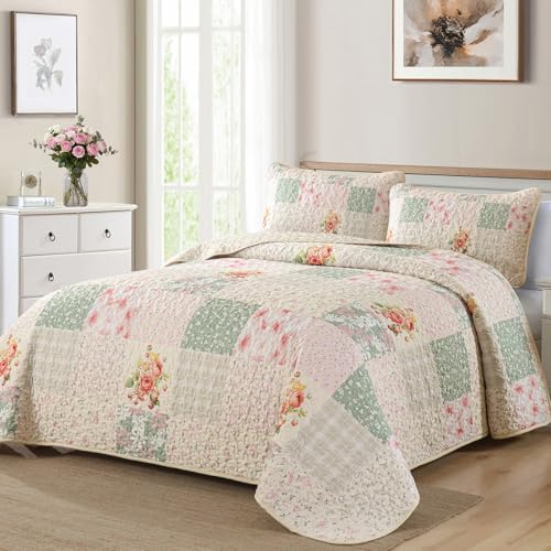 Mybedsoul Beige Boho Quilts Queen Size, Patchwork Reversible Bedding Set
