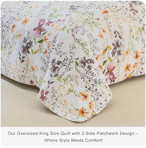 Lady Ann 100% Cotton Quilt Sets Queen, Yellow Flower Botanical Pattern Printed Quilted 102x118 Bedspread Set,Vintage Coverlet Ultra Soft Bedspread Set with Pillow Shams All Season,3 PCS