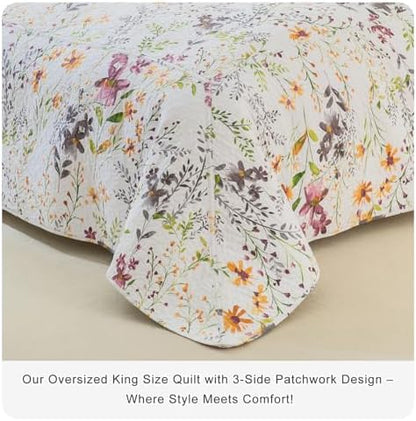 Lady Ann 100% Cotton Quilt Sets Queen, Yellow Flower Botanical Pattern Printed Quilted 102x118 Bedspread Set,Vintage Coverlet Ultra Soft Bedspread Set with Pillow Shams All Season,3 PCS