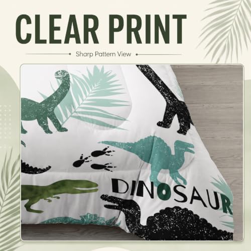 AILONEN Dinosaur Full Kids Bedding Set,Black and Green Dinosaur Comforter Set All Season,Tropic Leaves and Roaring Dinosaur Silhouette Printed Soft Comforter with 2 Pillowcases for Boys