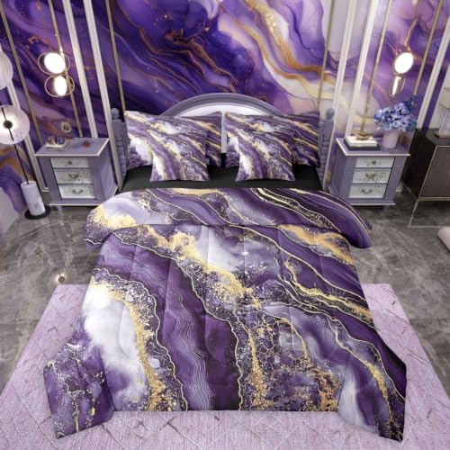 Erosebridal Watercolor Marble Print Comforter Set King Size,Purple Gradient Bedding Set for Kids Teens,Abstract Art (Comforter+Fitted+Flat Sheet+2 Pillowcases+2 Throw Pillow Covers) 7 Pieces Bed Set