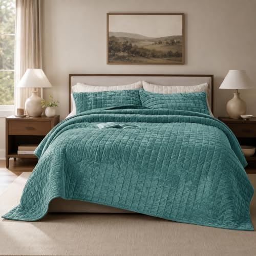 Quilt Set Oversized King Size 120x120 Luxurious Velvet Bedding Sets with 2 Pillow Shams 20x36 3 Pieces Ultra Soft Quilted Bedspread Coverlet Comforter for All Season,Aqua Green