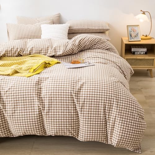 mixinni Tan Gingham Comforter Set King, Plaid Comforter Set 3 Pieces 1 Beige Grid Comfoter with 2 Pillow Cases for All Seasons, Soft Fluffy Modern Grid Pattern Printed Bedding-King Size