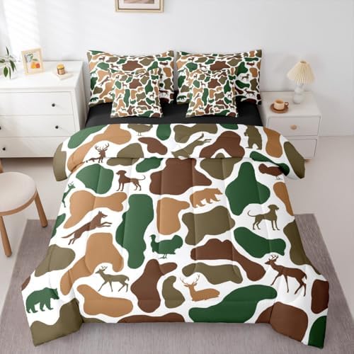 Erosebridal Camo 7 Piece Bedding Set Twin Hunt Bear Comforter Set with Sheets Turkey Wolf Hound Deer Print Bed in a Bag Green White Camouflage for Kids Boys Girls