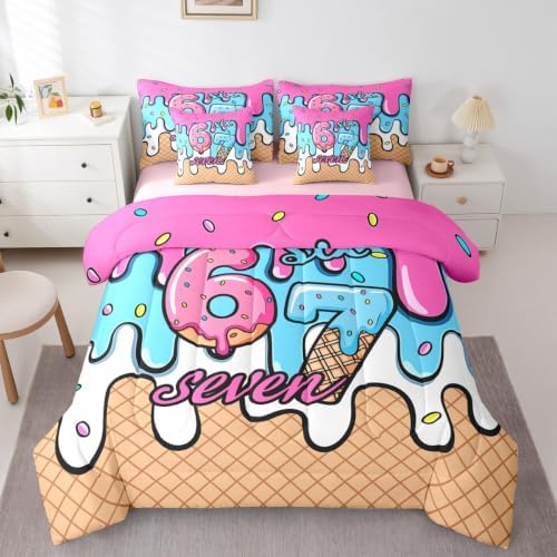 Erosebridal Six Seven Girls King Comforter Set 7 Piece Funny Fashion Number 67 Bedding Set for Kids Teen Women,Pink Blue Ice Cream Drip Bed in A Bag Girly Trendy Bed Sets for Birthday Gifts