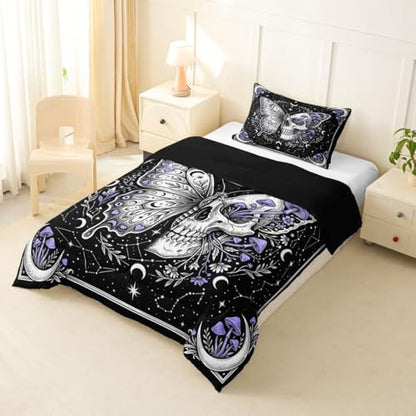 Butterfly Skull Kids Comforter Set Twin,Purple Mushroom Gothic Skeleton Bedding Set for Teens Adults Bedroom Decor,Galaxy Botanical Duvet Insert,Retro Hippie Quilted Duvet Set with 1 Pillowcase