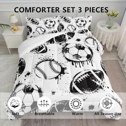 Axolotl Ball Sports Comforter Set King,Football Soccer Bedding for Boys,Football Baseball Game Comforter,Baseball Sport Bedding,Hip Hop Graffiti Artwork Bed Set for Kids Men,1 Quilt 2 Pillowcases
