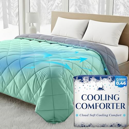 Cooling Comforter - BreezeWeave Cooling Blanket Queen Size for Hot Sleepers & Deep Rest - Cloud Soft, Breathable, Ultra Durable, Easy Care, Reversible - 90 x 90 in (Mint Green & Dark Grey)
