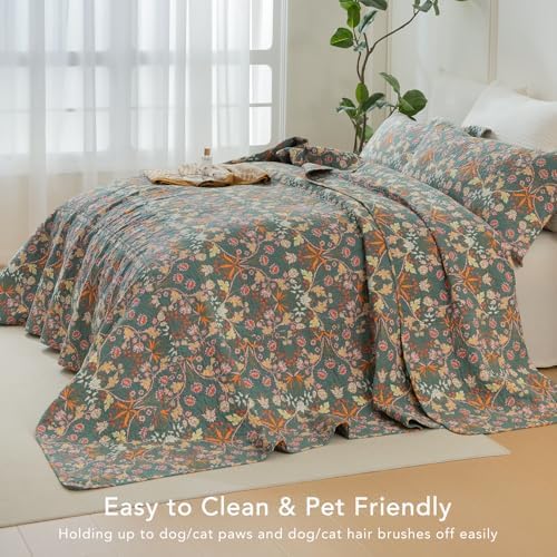 Lady Ann Oversized Queen Quilt Set, Vibrant Paisley Flowers Pattern Plant Botanical Printed Quilted 3 PCS 102x118 Bedspread Set, Ultra Soft 100% Cotton Coverlet with Pillow Shams,