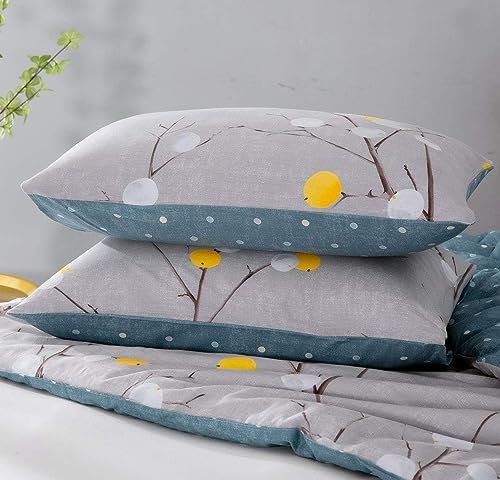 SLEEPBELLA Comforter Twin Size, 600 Thread Count Cotton Grey Branch with Yellow Turquoise Polka Dot Pattern Green Reversible Comforter Set,Down Alternative Bedding Set 2Pcs (Twin, Grey Branch)
