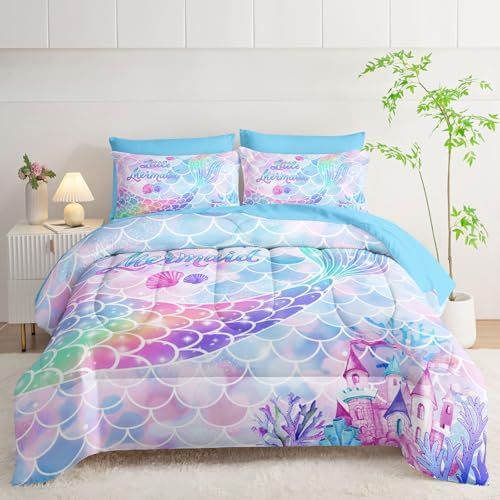 7Pcs Comforter Set Rainbow Mermaid Tail Printed Bedding Set with 1 Comforter, 1 Flat Sheet, 1 Fitted Sheet and 4 Pillowcases for Girls Bedroom All Season(Mermaid-3 Twin)