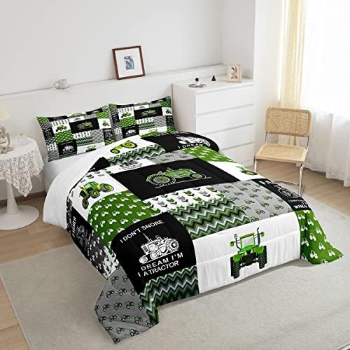 Feelyou Tractor Comforter Set Cartoon Farm Tractor Down Duvet for Kids Boys Girls Truck Car Bedding Set Harvester Excavator Comforter Green 1 Comforter Set with 2 Pillowcases Full Size