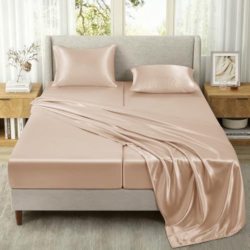 SiinvdaBZX 5-Piece Beige Satin Sheets Split King Size Set
